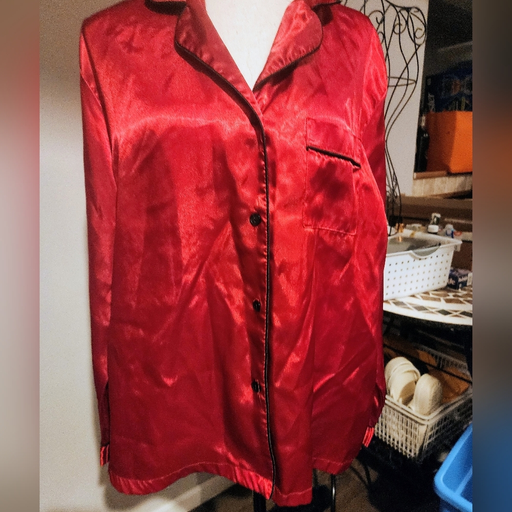 Linea Donatella Red Satin Button-Up Pajama Top & Pants Set L